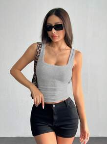 SHEIN PETITE Casual All-Match White Cami Top With Deep U-Neck And Racerback