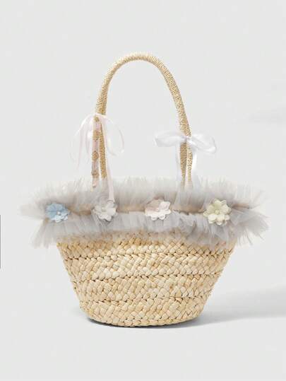 Kawaii Women's Contrast Mesh Ruffle 3D Flower Decor Bohemian Style Crossbody Bag