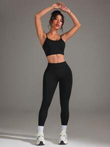 Lifespree 罗纹拼接可调节肩带运动文胸和短裤套装，塑身衣 - 黑色 - 查看 5