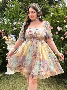 Lyrianda 大码浪漫方领花卉印花荷叶边下摆雪纺连衣裙