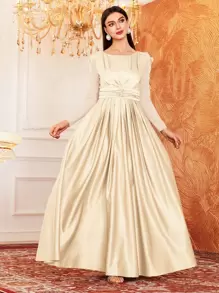 Modelyn Dames Geborduurde Mesh Bescheiden Lange Mouw Geplooide Jurk Met Applicatie Decoratie Lange Avondjurken