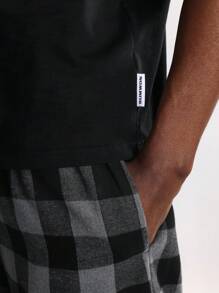 SUMWON Cozy Buffalo Check Loungewear Matching Set Henley Short Sleeve Top Drawstring Shorts Pajama Set For Home Indoor Relaxation Winter Fall - Black - View 6