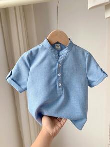 SHEIN LMoss Kids 1pc Young Boys' Casual Loose Woven Plain Stand Collar Short Sleeve Shirt - Blue - View 1