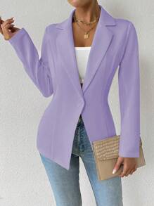 Chiquease Áo khoác vest đi làm đơn giản màu trơn - Màu tím hoa cà - Xem 3