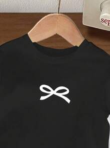 Baby Girl Set - Round Neck Butterfly Print Short Sleeve Black T-Shirt And Striped Butterfly Full Print Flared Pants