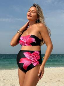 SHEIN 3pcs Large Floral Pattern Maternity Bikini Swimwear Set, Elegant Vacation - Multicolor - View 5