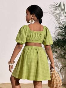 SHEIN SLAYR KIDS Tween Girls' Vacation Casual Solid Color Backless Short Sleeve Square Neck Dress - Green - View 2