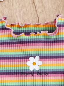 SHEIN Leap Crew Girls' Solid Knit Round Neck Flower & Letter Pattern Fitted Casual Cropped T-Shirt - Green - View 4