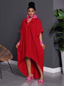 SHEIN CURVE+ 尺码 US22 适合音乐节、海滨度假、波西米亚风休闲纯色蝙蝠袖前扣连衣裙，女式加大码服装 - 紅色 - 查看 5