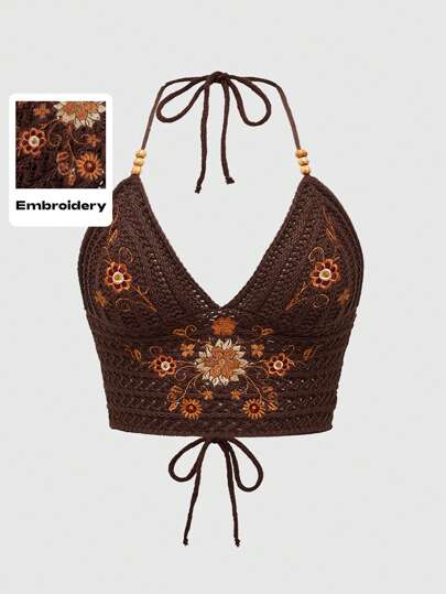 Plus Size Hippie Flower Embroidery Back Strap Beaded Knit Camisole Top