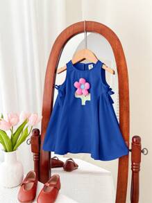 SHEIN Leap Crew 女婴夏季可爱粉色花卉印花连衣裙 - 藍色 - 查看 6