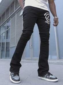 Manfinity EMRG Men's White Washed Denim Loose Gothic Letter Printed Flared Pants, Street Style