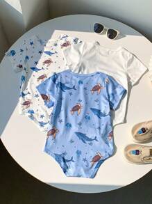 3 件装男婴连体衣，海洋与鲸鱼印花，信封领，休闲百搭日常装，适合夏季 - 彩色 - 查看 2