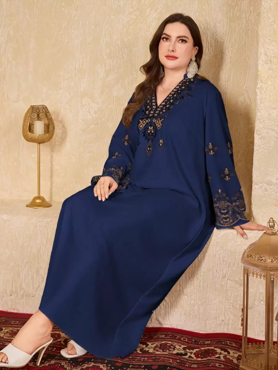 Al Najma Plus Size Women's Geometric Print V-Neck Loose Arabic Long Dress,Modest