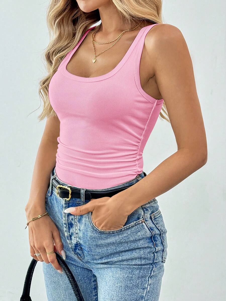 SHEIN Tall 休闲百搭白色深 U 领工字背心 - 粉色 - 查看 1