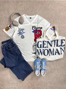 SHEIN EZwear 大码休闲宽松落肩V领篮球运动短袖T恤，适合春夏季女士 - 彩色 - 查看 3