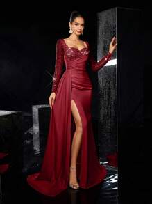 Glamrae 优雅奢华长袖亮片和珠饰褶饰缎面美人鱼长裙，侧开衩，适合婚礼、派对、节日、庆典、正式场合、派对礼服、婚礼宾客礼服、晚礼服、长袍 - 酒紅色 - 查看 6
