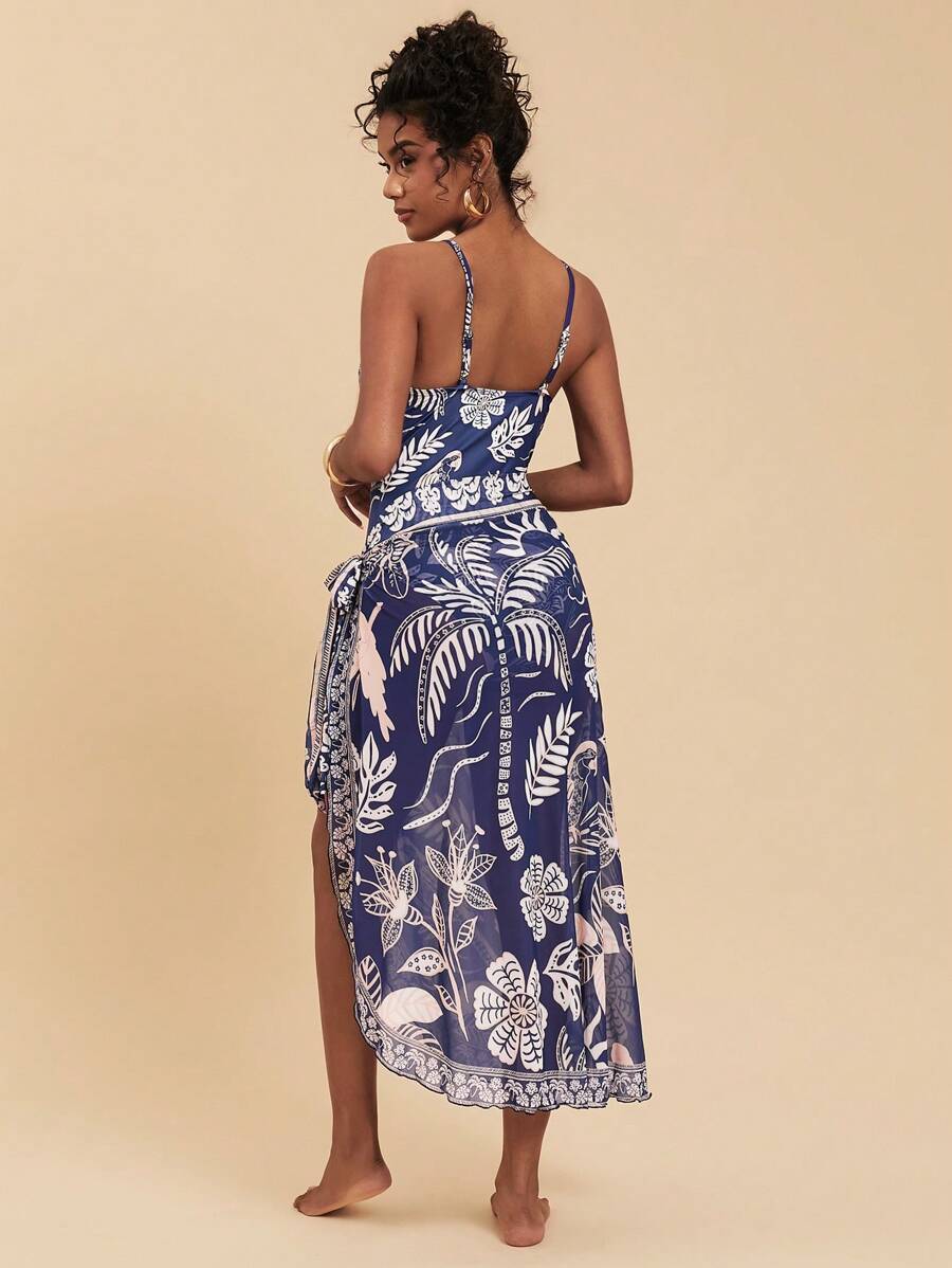 Travachic Women's Swimwear Set Including Spaghetti Strap Underwire Adjustable Strap Floral Print One-Piece Swimwear & Cover-Up Skirt, Fitted Casual Style, Summer Beach Vacation,Backless,Beachwear High Waisted,Beach Outfits For Woman,Sexy,Summer Outfits For Women, For Beach Vacation For Summer Beach Vacation,Boho,Vacation,LINEN,Crochet - Blue - View 1