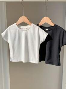 SHEIN 2pcs/Set Baby Boy Summer Casual Classic Solid Color & Big Letter Pattern Knit Short Sleeve T-Shirt Sets - Multicolor - View 2