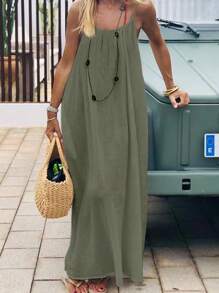 Cévolie Women's Solid Color Backless Tie Strap Casual Long Dress, Vacation Style - Green - View 3