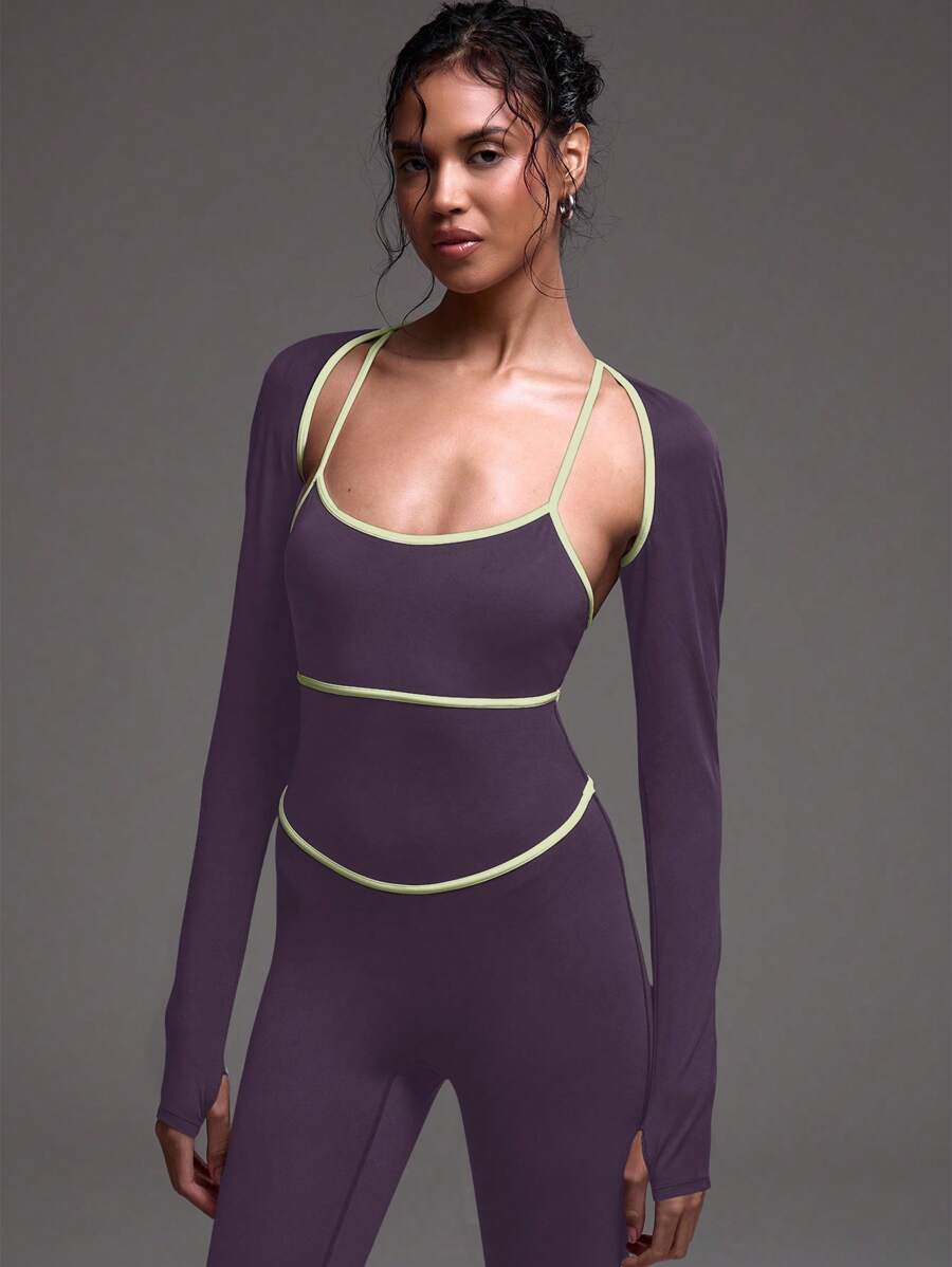 Musera Sport Contrast Seam Long Sleeve Bolero Sports Top, Padel, Tennis, Pickleball Gym Fitness - Purple - View 1