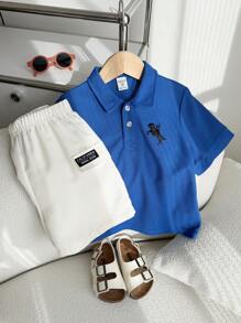 SHEIN Leap Crew 2 件/套年轻男孩舒适休闲时尚日常学院刺绣针织 Polo 衫和宽松编织短裤套装，适合春夏季日常、运动、郊游、学校、聚会、度假、演出、拍照 - 寶藍色 - 查看 3