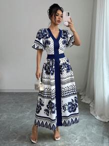 Chiquease Women's Elegant Blue Blue And White Porcelain Style Printed Long Dress Lotus Leaf Sleeve Short Sleeve Dress - Blue - View 1