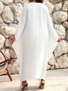 SHEIN Lady Spring And Summer Elegant Commuting Office Casual Boho Casual Outing White Woven V Neck Flounce Tunic Dress Long Three Quarter Length Sleeve Plus Size Dresses Plus Size Abayas Modest Dress Abaya Dress Summer Outfits For Women Summer Dresses For Women Elegant Dresses For Women Elegant Vacation Outfits Women Vacation Vacation Dress Boho Women Clothing Classy Outfits For Women Old Money Resort Wear Women White Dresses