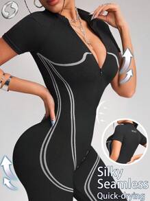 Innovista Women Activewear Seamless Short Sleeve Sports Jumpsuit, Breathable Mesh& High Elastic Dry Fit Gym Jumpsuit. High Waist Tummy Control & Butt-Lifting Workout Outfits,  Dynamic Line Convergence Shapewear - Black - View 1