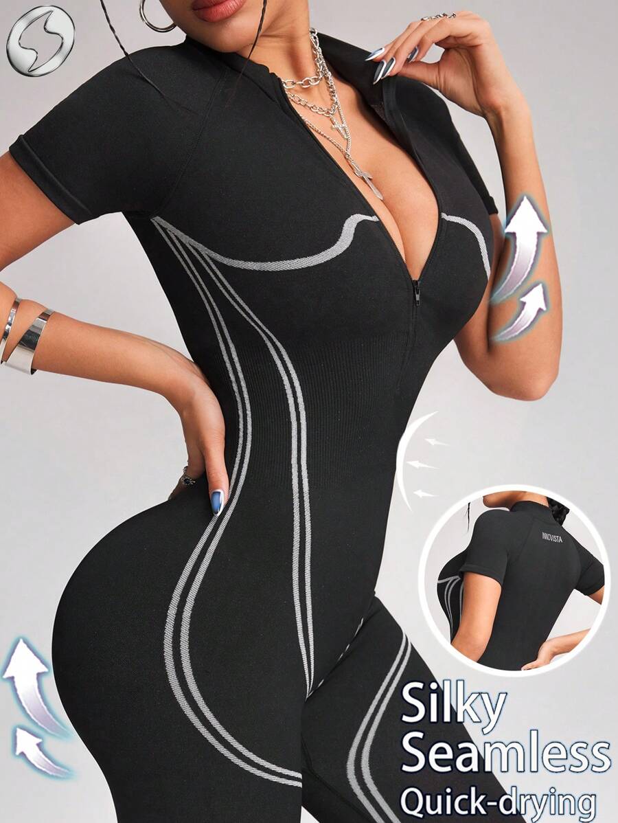 Innovista Women Activewear Seamless Short Sleeve Sports Jumpsuit, Breathable Mesh& High Elastic Dry Fit Gym Jumpsuit. High Waist Tummy Control & Butt-Lifting Workout Outfits,  Dynamic Line Convergence Shapewear - Black - View 1