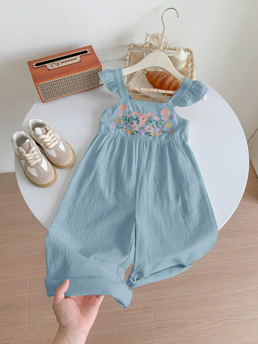 SHEIN LMoss Kids LMoss Young Girl Young Girl Woven Solid Color Sleeveless Embroidered Loose Casual Strap Jumpsuit - Blue - View 1