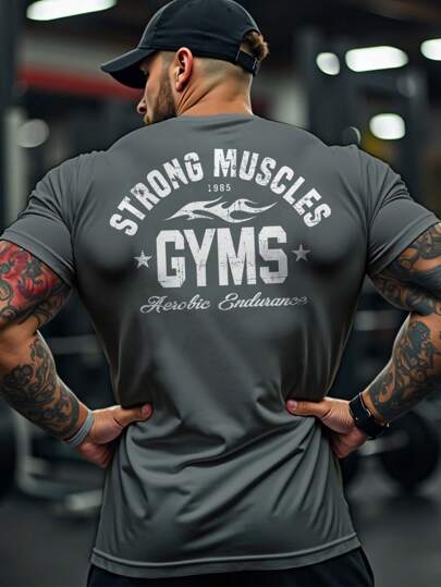 Manfinity Sport PWRUP Men's Casual Letter Print Short Sleeve Sports T-Shirt,  Gym Top Workout Tops Gym Top Breathable