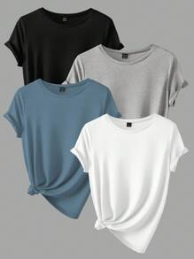SHEIN 4 piezas de Camisetas de manga corta de cuello redondo de unicolor casual y versátiles para mujeres