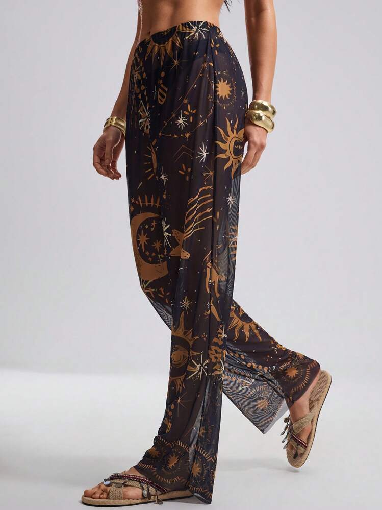 SHEIN Swim Women Moon & Star Print Long Pants & Coverall - Black - View 2