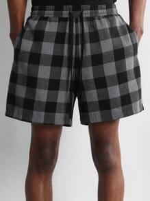 SUMWON Cozy Buffalo Check Loungewear Matching Set Henley Short Sleeve Top Drawstring Shorts Pajama Set For Home Indoor Relaxation Winter Fall - Black - View 7