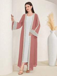 Al Najma Patchwork Ribbon Decor Loose Abaya With Bell Sleeves And Open Front, Muslim Fashion Abaya For Casual/Festival/Gathering/Travel, Modest Robe - Dusty Pink - View 5