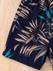SHEIN 2pcs/Set Young Boy Palm Tree Graphic Round Neck Tank Top And Tropical Plant Print Shorts
