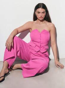 Maija Plus Size Women Country Festival Outfits: Bandeau Top And Pink Pants 2 Pieces Set - Hot Pink - View 5