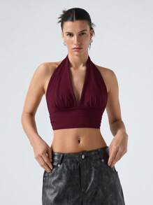 LYSMO 1pc Women Deep V-Neck Pleated Cropped Fitted Sexy Halter Tank Top - Red Violet - View 4