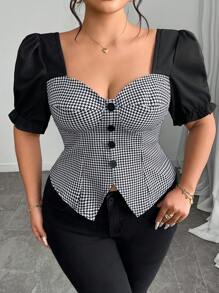 SHEIN LUNE Plus Size Women's French Elegant Minimalist Colorblock Houndstooth Print Collar Puff Sleeve Cinched Waist Asymmetric Hem Button Decorated Blouse