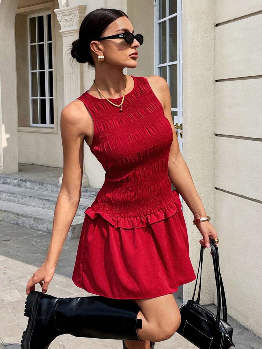 SHEIN Essnce 女士休闲纯色无袖迷你连衣裙 - 紅色 - 查看 1