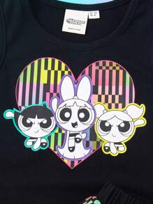 THE POWERPUFF GIRLS X SHEIN Young Girl 2pcs/Set Cartoon Cool Heart, Blossom, Bubbles, Buttercup Print Tank Top And Mini Skirt Set, Suitable For Spring& Summer,Concerts And Parties - Black - View 3
