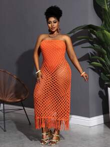 Slaydiva 2025 Novos feriados férias casual minimalista vazado sem mangas macacão - bainha franjada vestido longo de malha versão A - Laranja - Ver 6