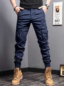 Manfinity Homme Quần dài nam trơn màu thường ngày, phù hợp cho mùa hè, quần túi hộp, mùa thu - Xanh đậm - Xem 5
