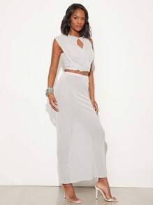 SHEIN Unity Festival Solid Color Maxi Summer Skirt Music Festival Elegant Vacation Spring Break Brunch Beach Thanksgiving Christmas NYE New Years Eve Outfits For Women - Grey - View 2