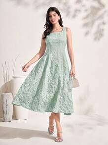 Modelyn 花卉拉链后背方领连衣裙超长款女士装长款晚礼服 - 薄荷綠 - 查看 3