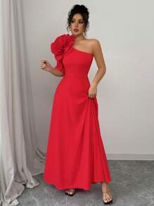 Rafferiza Women's Pink Asymmetrical Neck Dress With 3D Floral Detail, Asymmetric Sleeve Design, Fitted Waist, Maxi Length Loose - Red - View 6