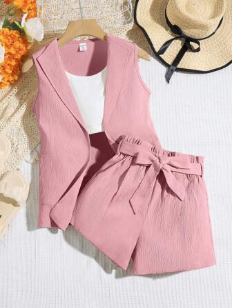 Genkimix Kids 2 Pieces Tween Girl Sleeveless Vest Jacket With Bowknot Belt & Shorts Casual Fashionable Sibling Matching Outfits (2 Sets Sold Separately) Summer Holiday