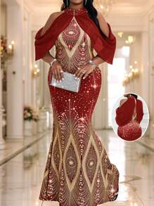 Fleurora 秋冬优雅派对婚礼酒会演唱会/音乐节彩色针织立领美人鱼撞色网眼长款无袖大码连衣裙，情人节 - 紅色 - 查看 6