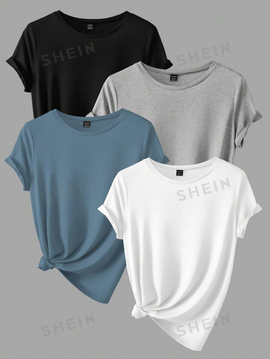 SHEIN 4 piezas de Camisetas de manga corta de cuello redondo de unicolor casual y versátiles para mujeres